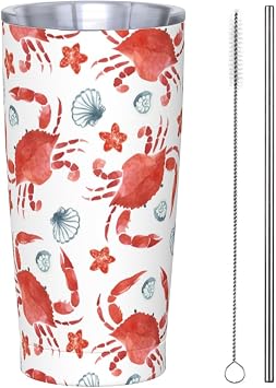 20 Oz Insulated Tumbler with Lid and Straw, Crab Watercolor Simple Modern Mom Dad Thermos Iced Coffee Stainless Steel Vacuum Insulated Tumbler Cup Travel Mug for Hot and Cold