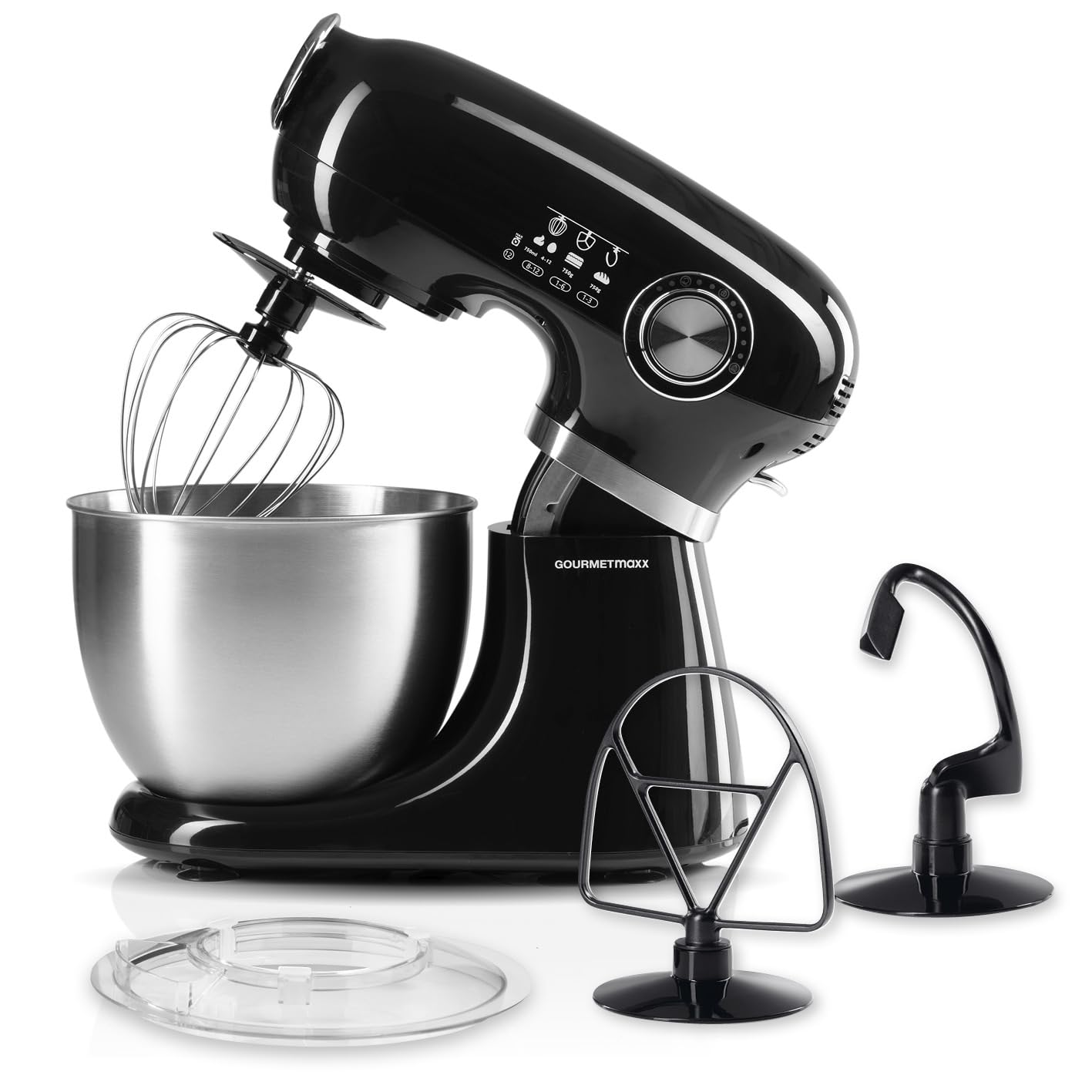 GOURMETmaxx Robot kuchenny i mikser | wielofunkcyjna pomoc kuchenna w zestawie miska do mieszania i nasadki | wydajny mikser z trzepaczką i innymi | elektryczna maszyna do ugniatania [czarna]
