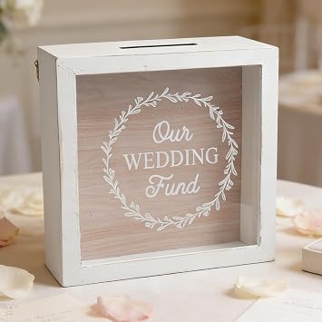 Honeymoon Fund Box Piggy Bank Shadow Box for Wedding Reception Party Bridal Shower Children Gift Our Wedding Fund, White and Brown