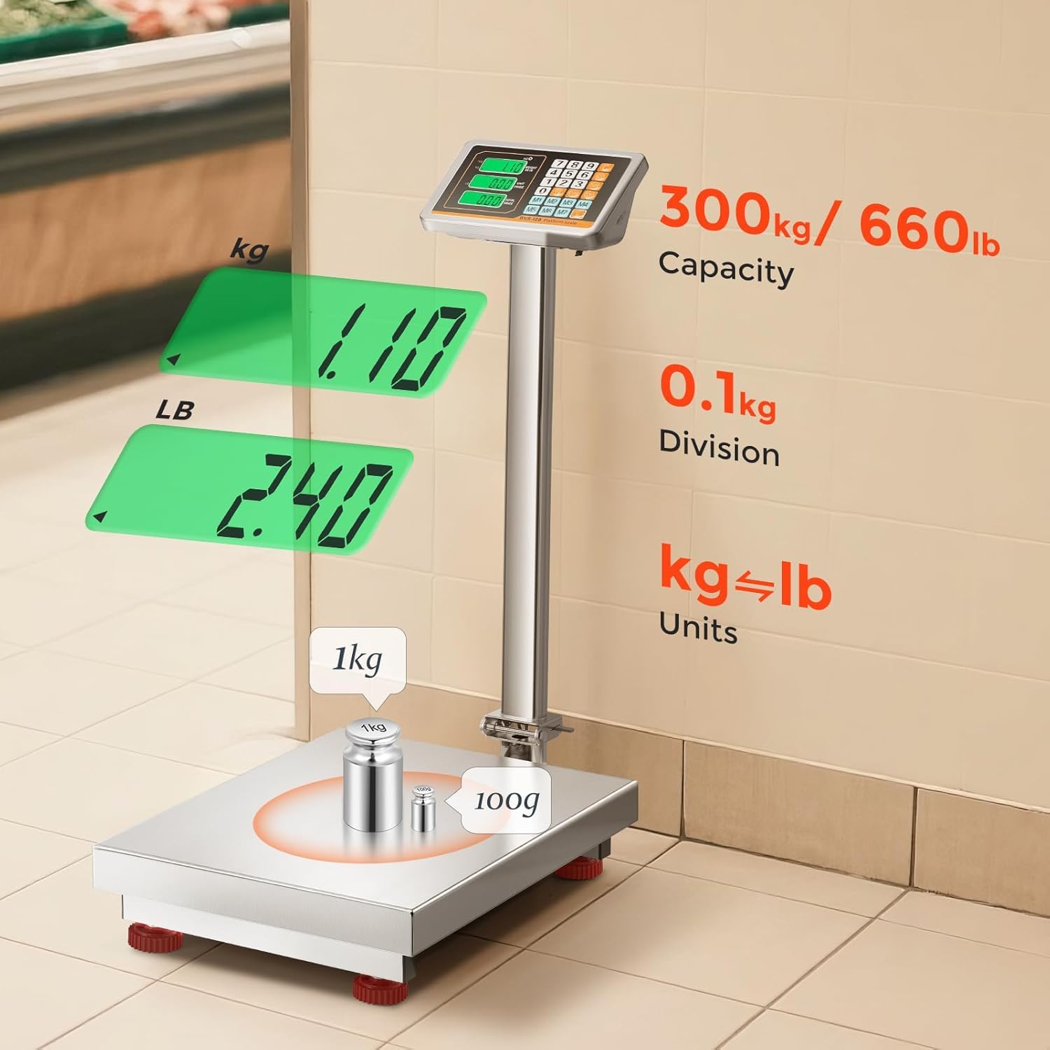 Bonvoisin Bilancia Piattaforma Industriale 300kg/0,1kg, Piatto Inox 52x42cm | Bilancia per Colli e Pavimento con Alimentazione Rete/Batteria, Bilancia da Banco Impermeabile per Pacchi, Bagagli e Cartoni