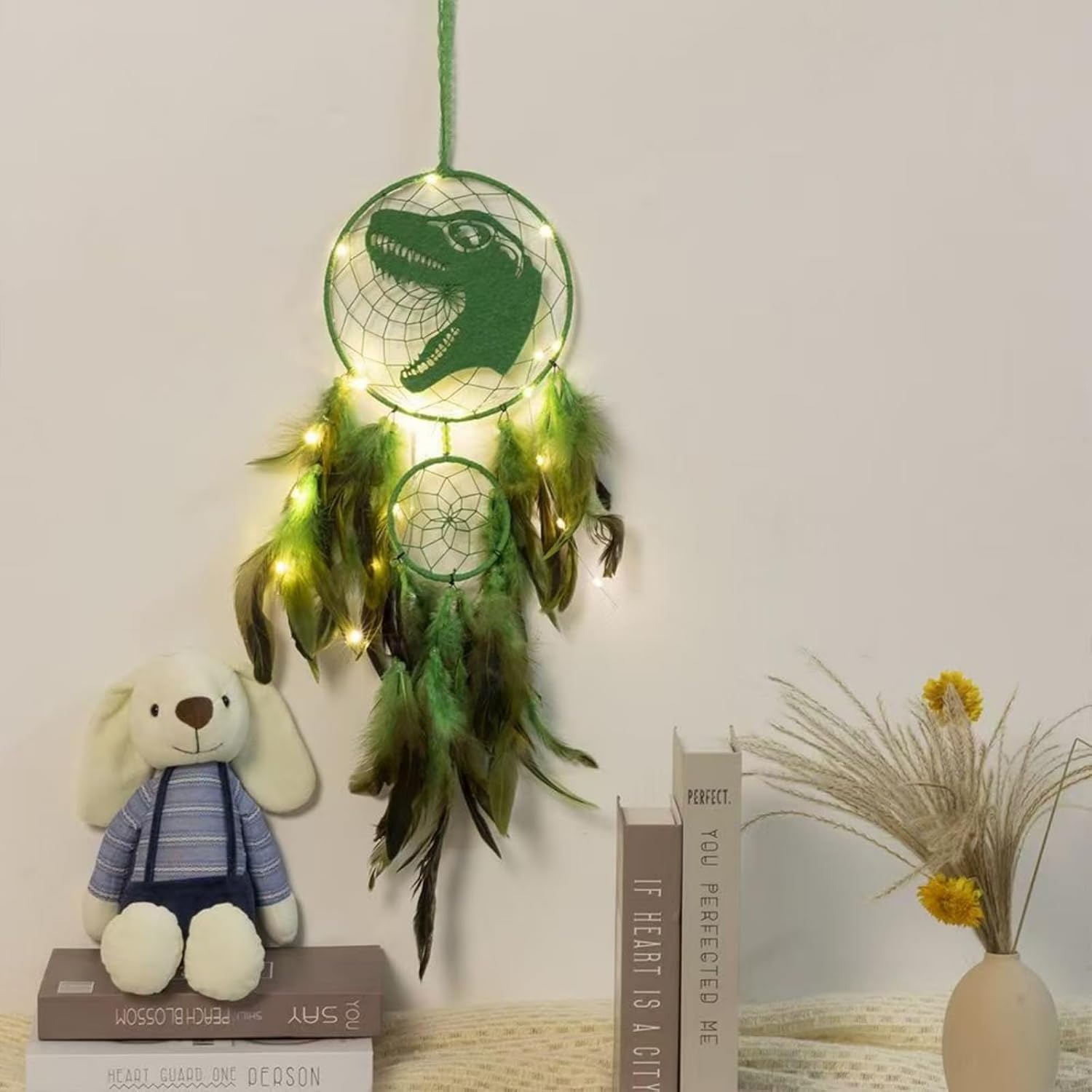 Dinosaur Dreamcatcher Green, 70cm Handmade Feather Dream Catcher with Iron Hoop Beads Leather Cord, 18cm Hoop Diameter Wall Hanging Decor