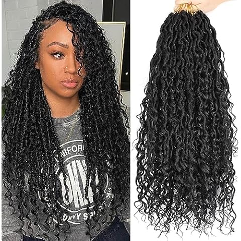 LMZIM 18 inch Goddess Locs Crochet Hair Pre Looped 8 Packs Boho Faux Locs Crochet Braids for Black Women Soft River Locs Crochet Hair with Curly Ends 1B Cover