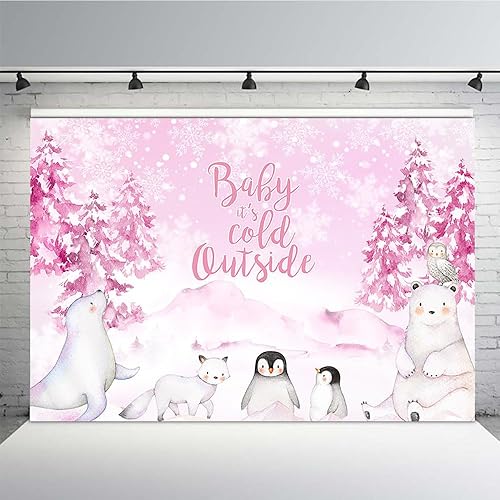 Mehofond Telón de fondo de invierno para baby shower de animales árticos de 7 x 5 pies, con texto en inglés "Baby It's Cold Out", fondo rosa,