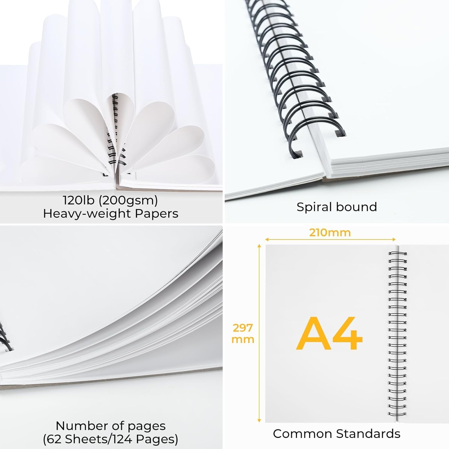 Ohuhu Szkicownik mieszanych mediów A4, 200 g/m², 124 strony (62 arkusze), papier bezkwasowy, spiralny, do mokrych i suchych mediów, idealny do akwareli, akrylu, ołówków i pasteli