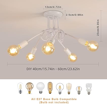 Riserva Riserva Industriële plafondlamp, vintage kroonluchter, 5 lampen, doe-het-zelfvorm, moderne hanglamp van ijzer voor woonkamer, slaapkamer, keuken, balkon, E27, max. 60 W, wit (zonder lampen) photo 2