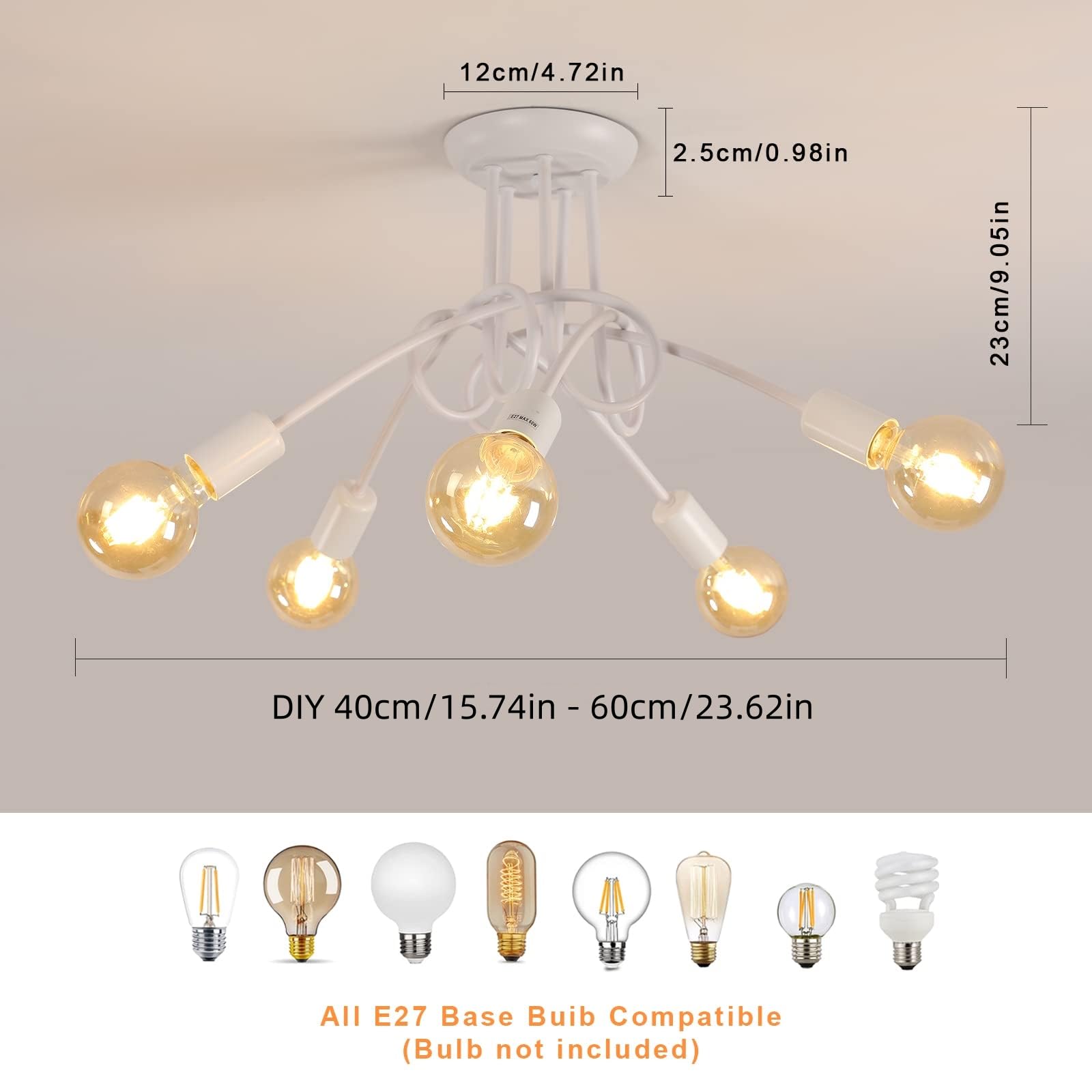 Riserva Lampadario Vintage, Plafoniera Soffitto Industriale E27, 5 Luci Lampada da Soffitto in Metallo per Soggiorno, Cucina, Camera da Letto, Ristorante, Cafe, Bianco (senza lampadine)