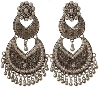 Traditional Chandbali Earrings, Antique Gold and Oxidised Silver, Floral Stud, Pearl Drops