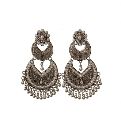 Traditional Chandbali Earrings, Antique Gold and Oxidised Silver, Floral Stud, Pearl Drops, Ethnic Indian Jewellery