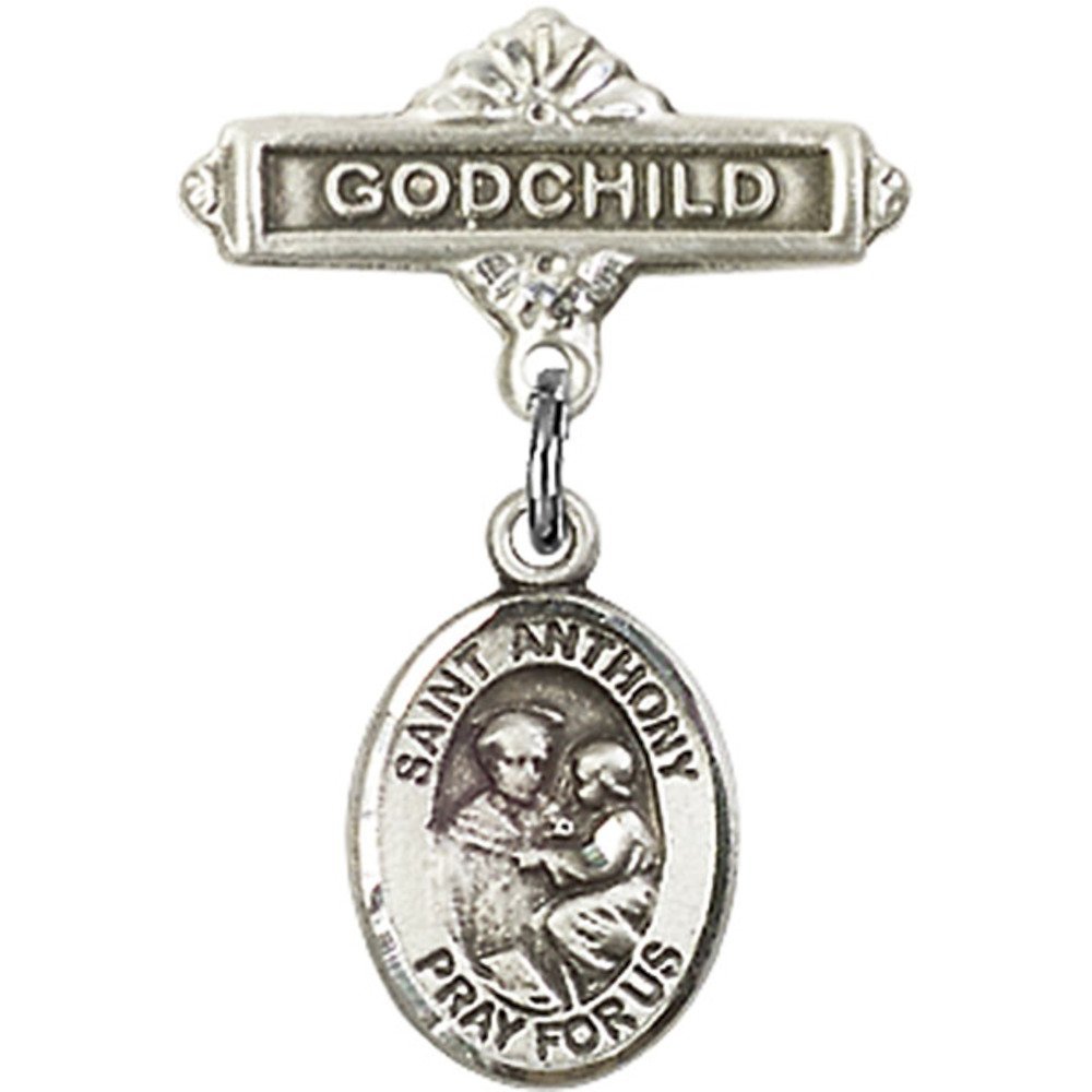 Sterling Silver Baby Badge with St. Anthony of Padua Charm and Godchild Badge Pin 1 X 5/8 inches