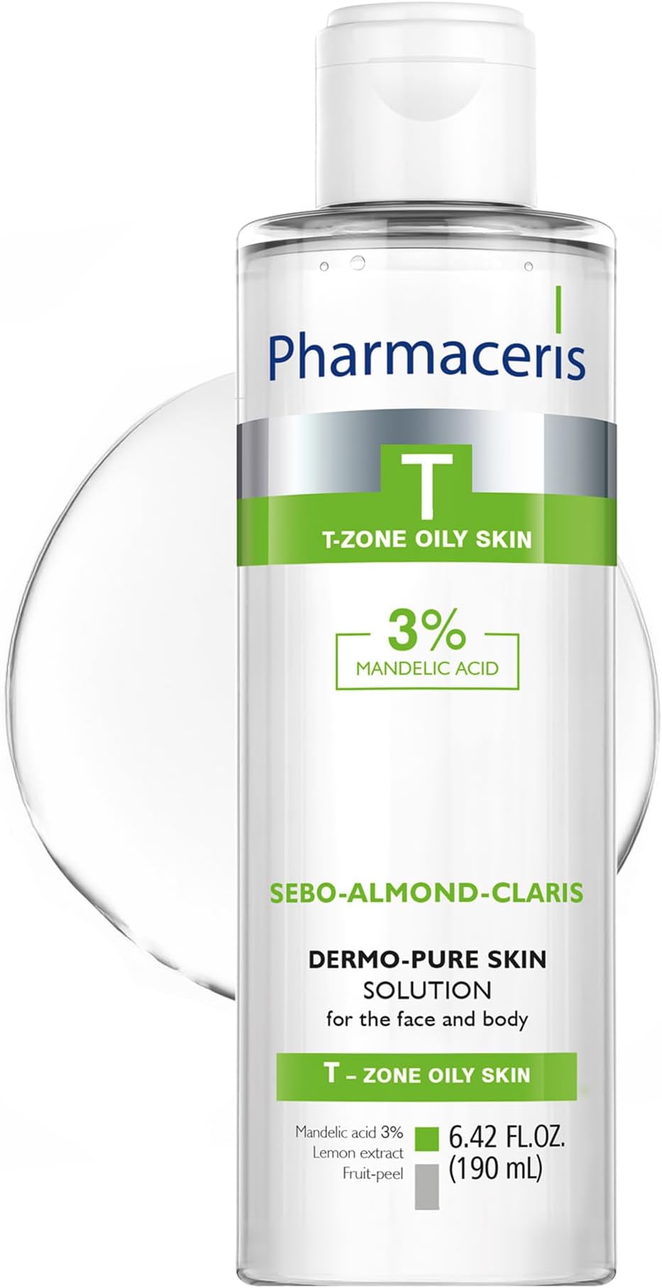 PharmacerisFace & Body Breakout Solution - 3% Mandelic Acid Helps Clarify Blemish & Acne Prone Skin, Face, Back & Chest Pimples Exfoliating & Clearing Treatment, SEBO-Almond-Claris, 6.42 fl oz