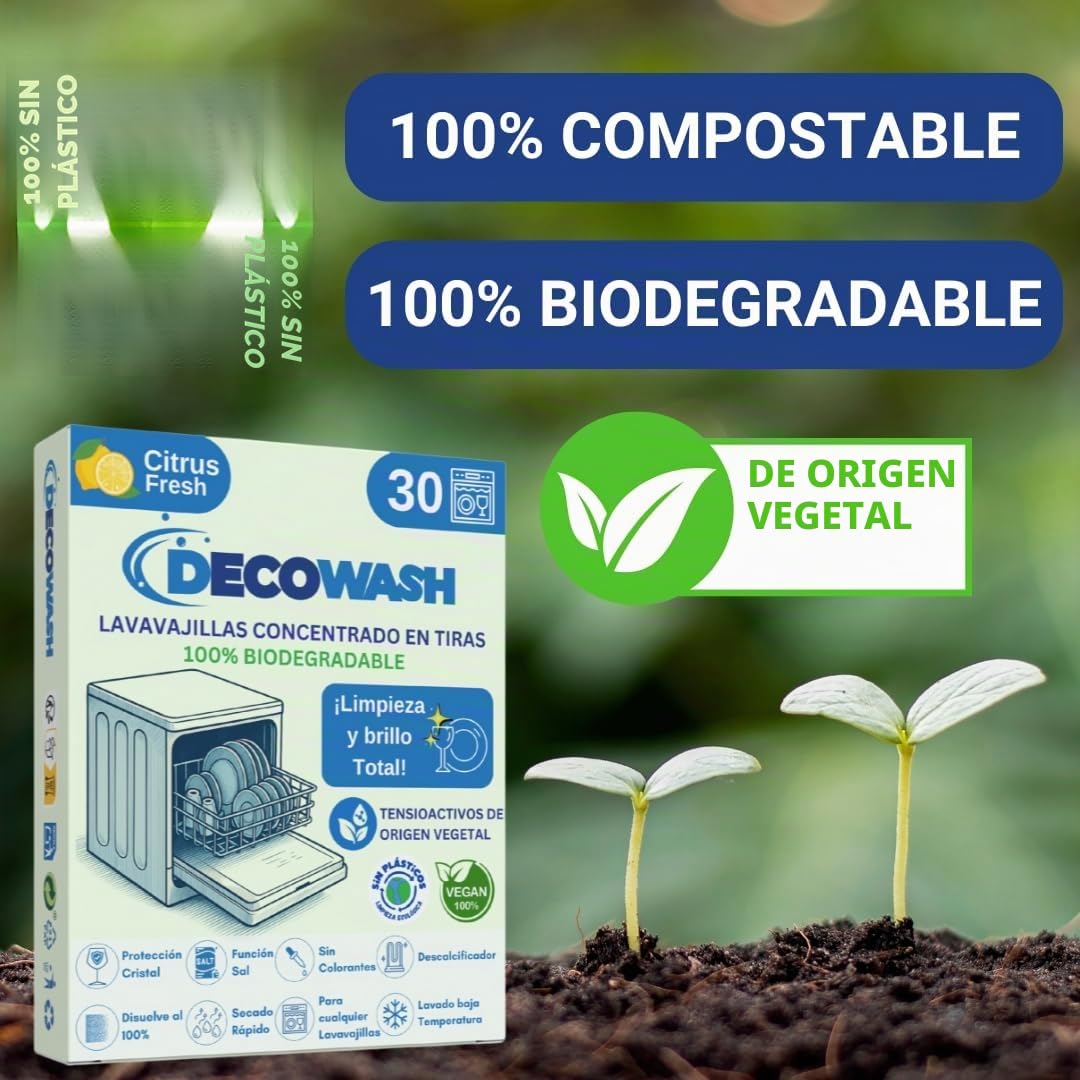 Detergente Lavavajillas Ecológico en Tiras (Máximo 300 Lavados) - Sin Plásticos, Fosfatos ni Cloro. Biodegradable, Vegano y Seguro. Limpieza, Abrillantado, Protección y Cuidado Antical