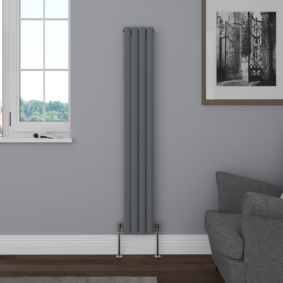 NRG Vertical 1600x236 Oval Column Designer Radiator Central Heating Single Panel Anthracite