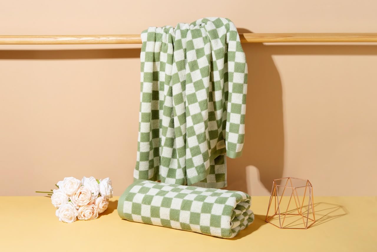 Indulge in Luxury with Checkered Bath Towels - 100% Cotton, Super Soft & Absorbent, Fade-Resistant, Cozy, and Perfect for Gifting (2 Towels) (Green) - Image 7
