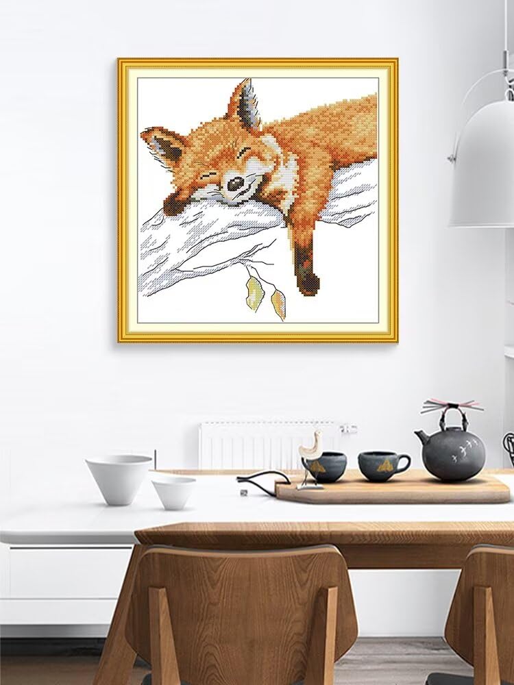 CROSSDECOR Stamped Cross Stitch Kits,Full Range of Cross-Stitch Needlepoint Kits for Adults,DIY Embroidery Kit Arts and Crafts for Home Wall Decor -Sleeping Fox 33×34cm