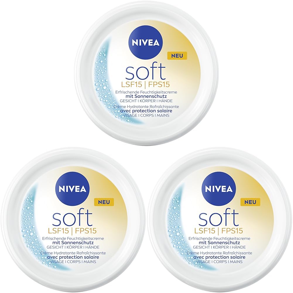 NIVEA Soft Erfrischende Feuchtigkeitscreme mit Sonnenschutz, leichte Creme mit Lichtschutzfaktor 15, schnell einziehende Hautcreme für intensive Feuchtigkeit (100 ml) (Packung mit 3)
