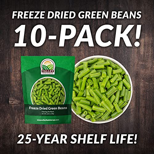 Freeze Dried Green Beans 10-Bag Bucket, 28.2 Oz | Premium Emergency Food Supply 25 Year Shelf Life | Prepper Supplies, Survival Food, Off Grid Living Supplies | Valley Food Storage Packaged In Usa #TOP1