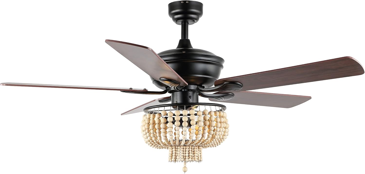 JONATHAN Y 52" Black 3-Light Iron and Wood Bead LED Ceiling Fan, Farmhouse Rustic Bohemian Style with Remote Control and Reversible Blades, LED Bulbs Included JYL9617A