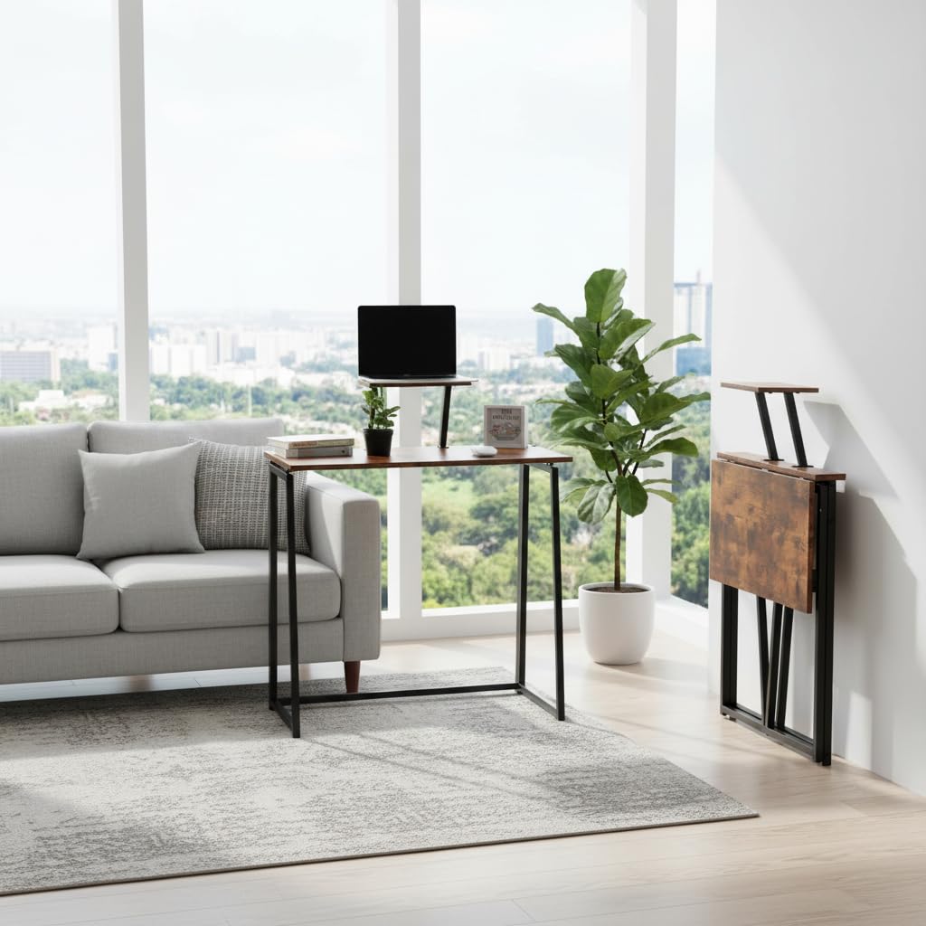 FurnitureR Scrivania per computer pieghevole, stile industriale, mensola a schermo rialzato, compatto, facile da piegare e spostare, ideale per soggiorno o spazio ridotto, 80 x 40 x 74 cm