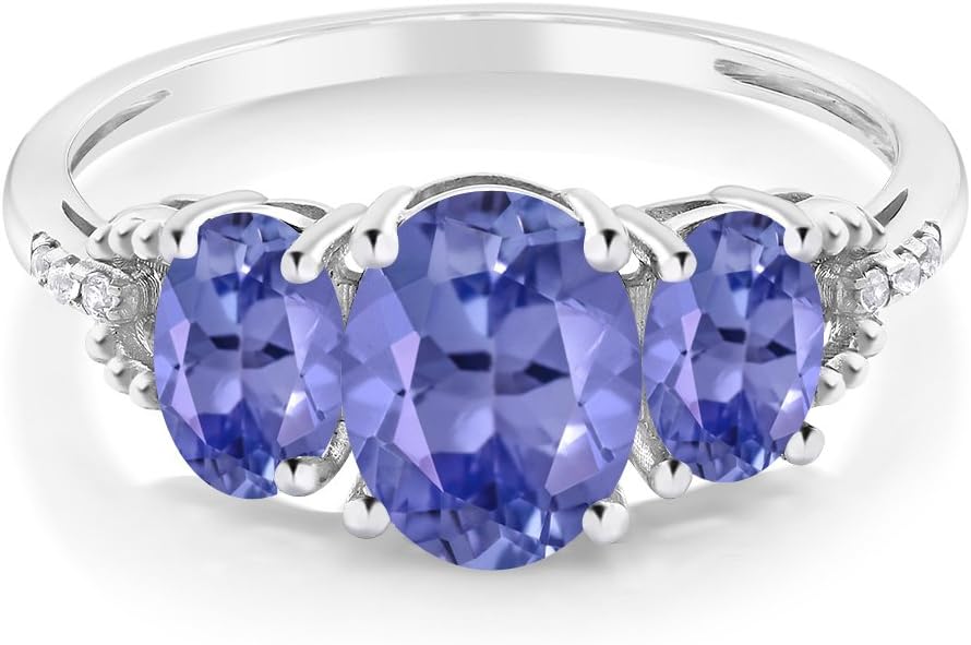 Gem Stone King 2.11 Cttw Oval Blue Tanzanite and Diamond Accent 3-Stone Engagement Ring | 10K White Gold | 3 Stone Wedding Anniversary Promise Ring For Women | Available In Size 5, 6, 7, 8, 9 - Image 3