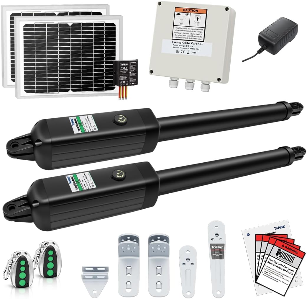 TOPENS AD5S Solar Automatic Gate Opener Kit for Dual Swing Gates - Medium Duty Up to 16ft or 550lbs per Leaf, 20W Panels Included
