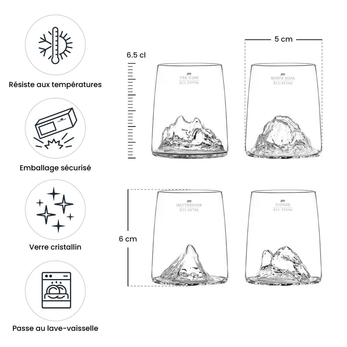 Alaskan MAKER Cofanetto da 4 bicchierini shot da 6,5 cl in vetro cristallino di alta qualità, soffiati artigianalmente, con montagne in rilievo | Forma a tulipano | TOPOGRAPHIC
