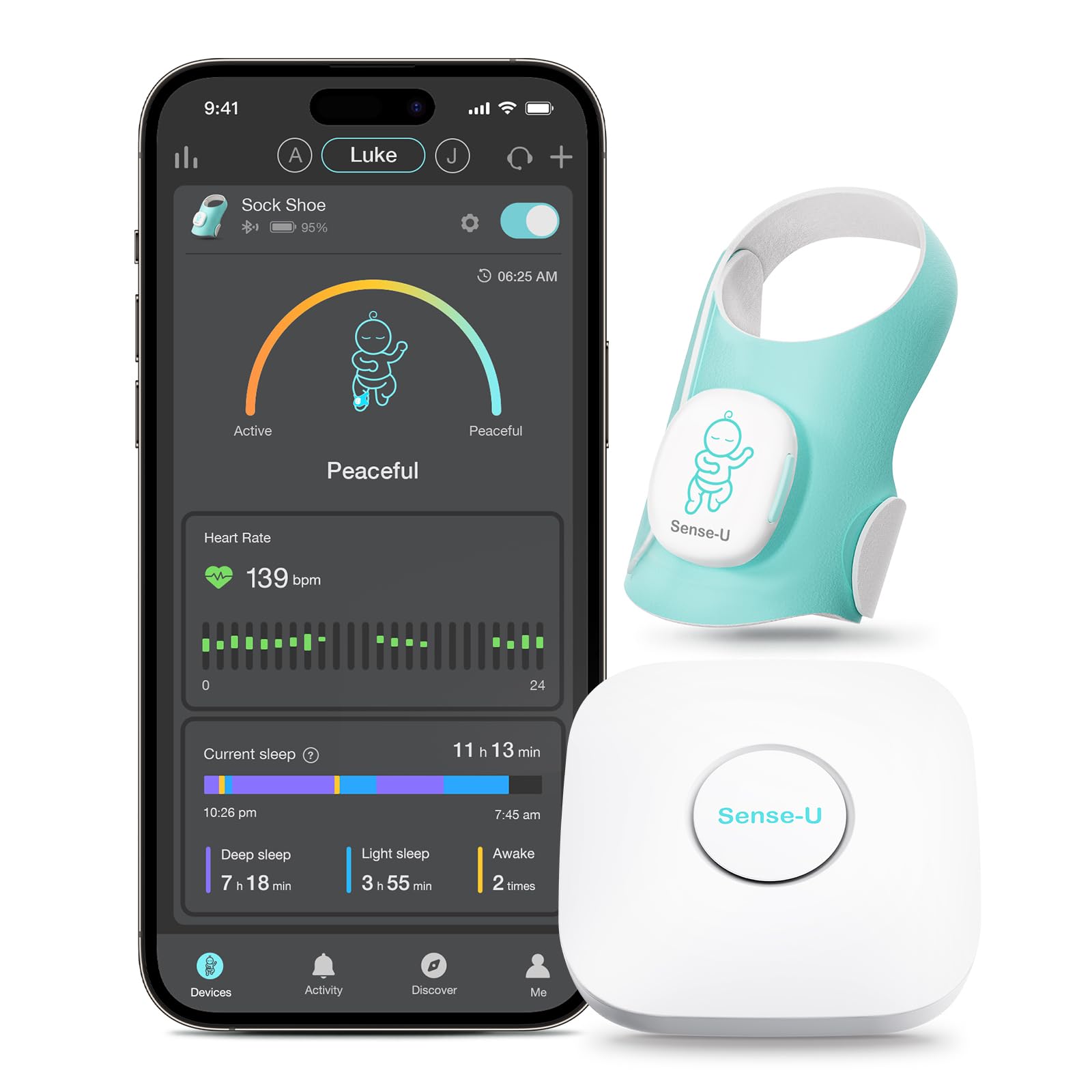 Sense-U Calcetín Inteligente (de Largo Alcance) Monitor para Bebés con Indicador de Sueño y Notificaciones en el Dispositivo, Rastrea Frecuencia Cardíaca y Movimiento Desde Cualquier Lugar