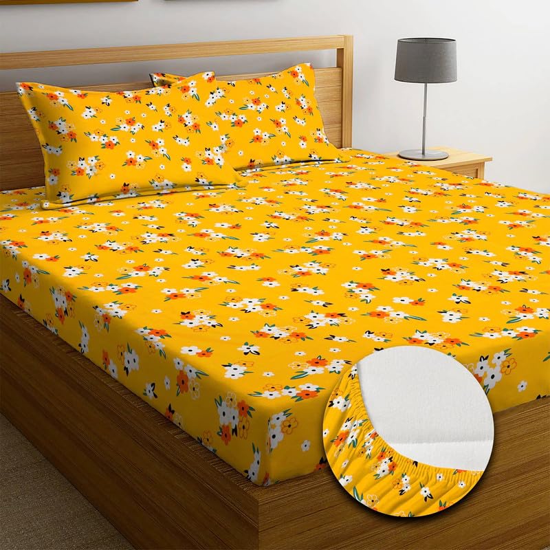 NEW LEAF Premium Cotton 210Tc Elastic Fitted Bedsheets With 2 Pillow Covers|Double/King Bed With All Around Elastic Wrinklefree Supersoft Breathable|Size-78 X72+8 Inches|Floral,Yellow & Red,210 TC (B0D1PC993T) Amazon Price History, Amazon Price Tracker