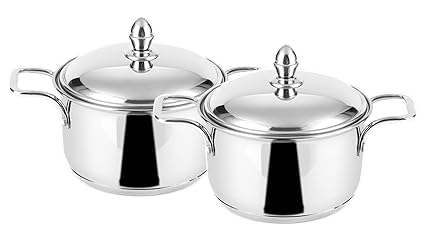 Steelcraft Premium Induction Compatible Stainless Steel Sandwich Base Caviar Cookware/ Casserole Set of 2 pc Casserole (14cm, 850ml) (16cm, 1300ml) with Steel Lids,for Multipurpose Cooking, Silver