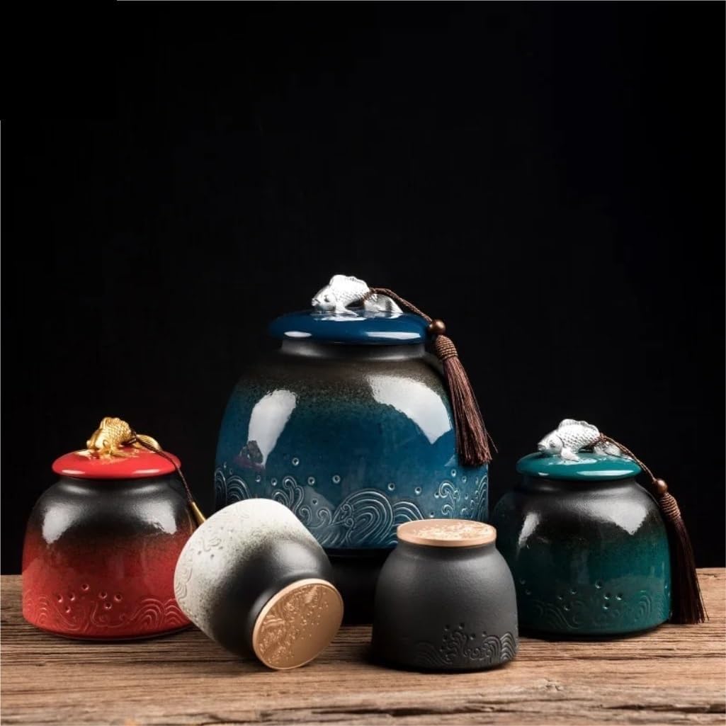 SONGCHAO Sugar Jar Ceramic Storage Jar, Retro Sealed Tea Jar, Creative Wave Silver Fish Shape Tea Jar, Porcelain Jar, Home Decoration Tea Canister (Color : C, Size : 19.2cm)