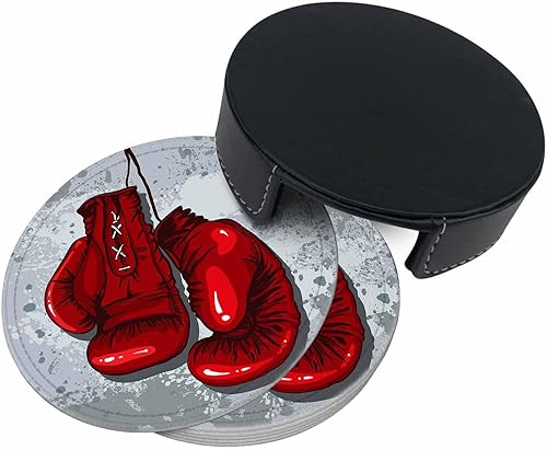 Miniatura 8 de Juego de 6 posavasos redondos para bebidas, guantes de boxeo, diseño de dibujos animados, juego de 6 posavasos con caja de almacenamiento, regalos