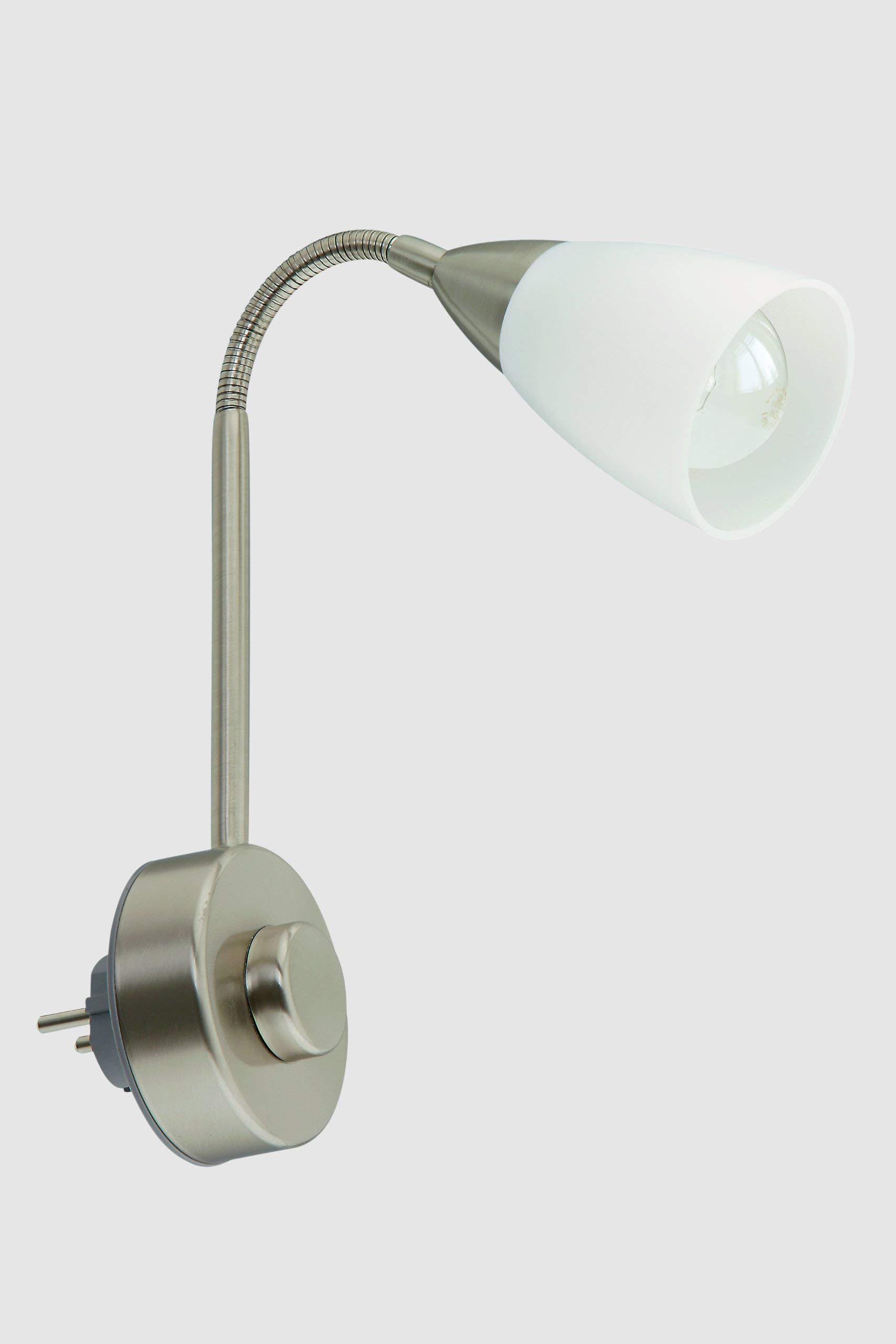 Briloner Lampa wtykowa Flexarm, lampa wtykowa E14, lampka do czytania 25 W, ze ściemniaczem obrotowym, matowo-niklowo-biały, metal, 25 W
