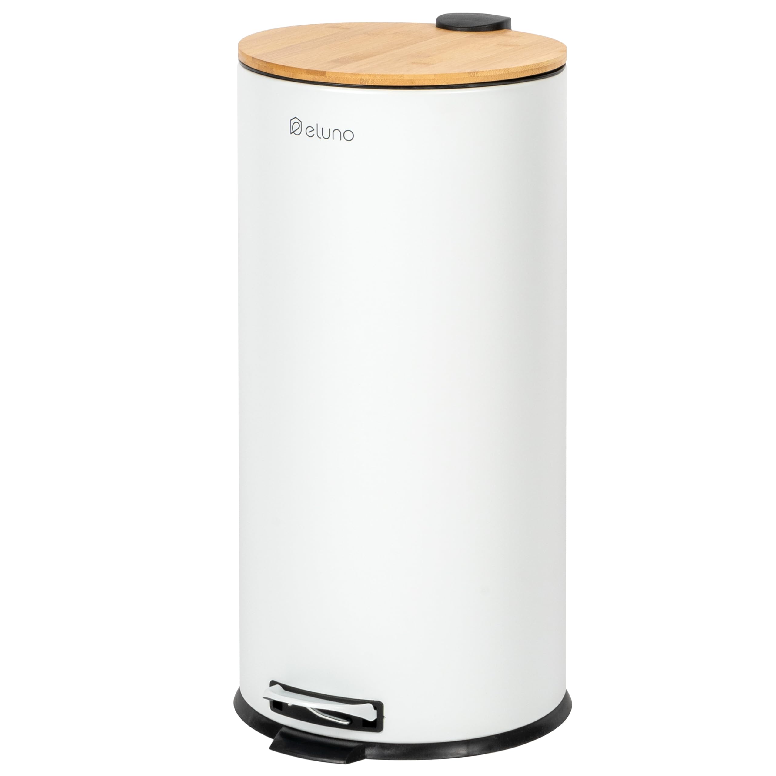 eluno Cubo de basura de cocina con pedal de 30 litros de capacidad, con tapa de bambú de cierre suave para baño, cocina, cubo interior de plástico extraíble, de bambú y metal (Blanco)