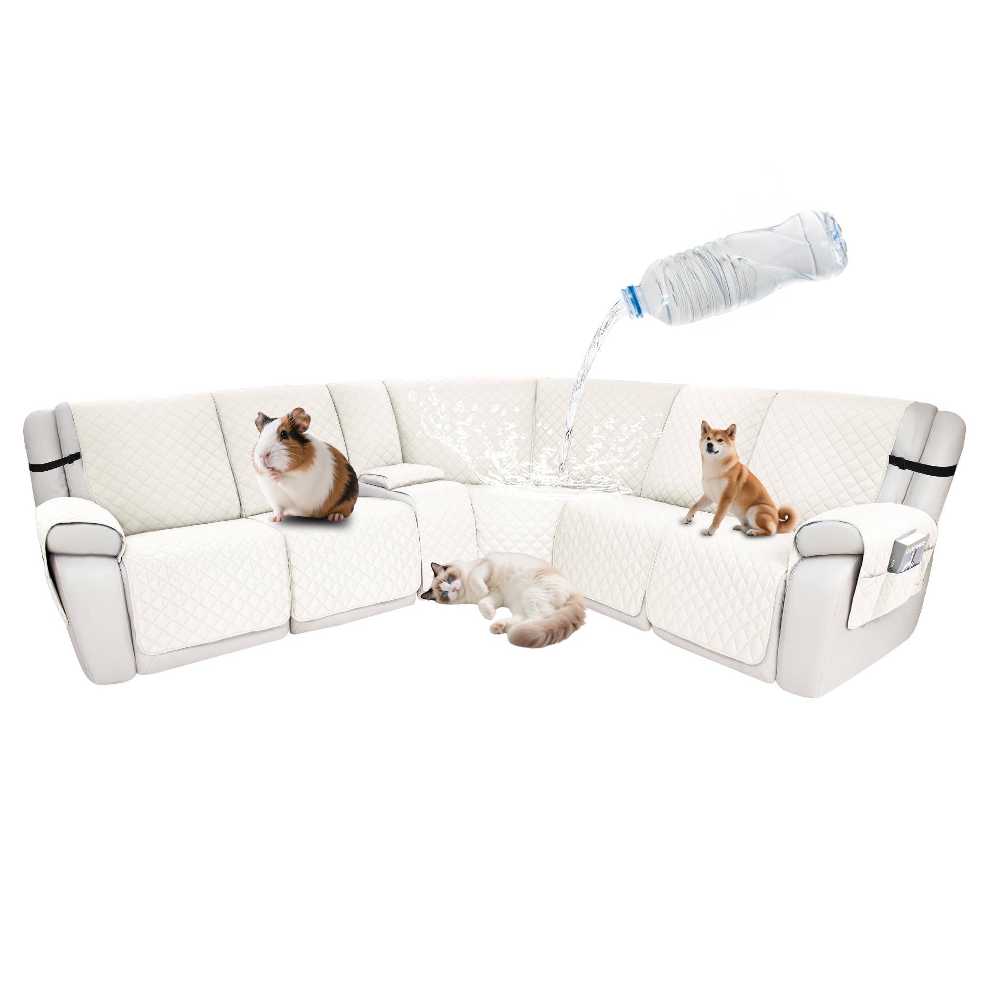 Waterproof Sectional Reclining Couch Covers L Shaped Recliner Sectional Sofa Cover 8 Piece Non Slip Washable Corner Recliner Slipcover Set for Pet Dog (5 Seater 1 Console Cover, Ivory White)
