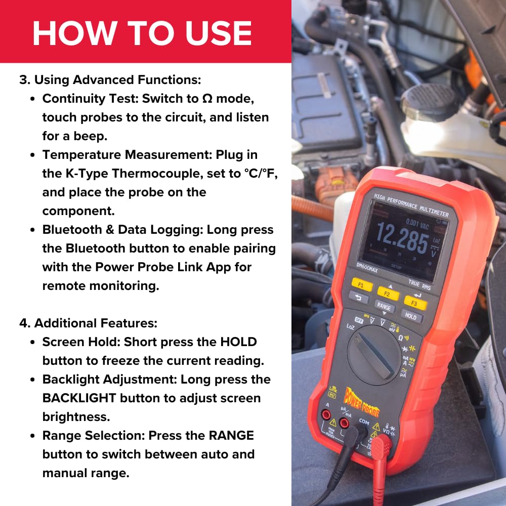 Power Probe DM600MAX True RMS Automotive Multimeter | CATIII/1000V, CATIV/600V, IP67, 2.8" TFT Display, in-Line Current & Temperature Testing, 4000 Count Accuracy
