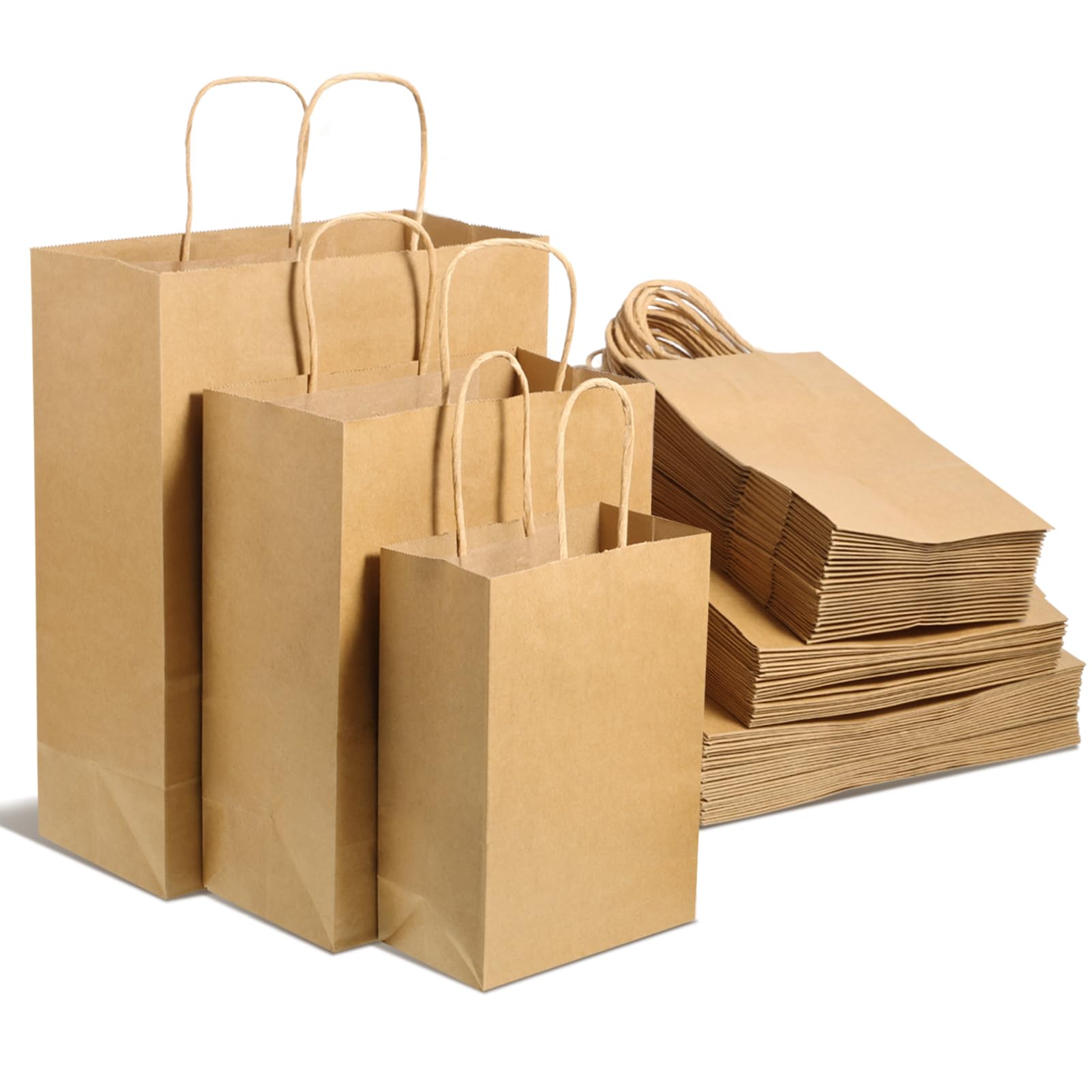 100 Stück Braune Kraftpapier-Tragetaschen mit Henkeln, 3 Größen – Große Geschenk- & Einkaufstaschen aus Papier (Bulk) für Einzelhandel, Lebensmittel, Party, Hochzeit, Geburtstag