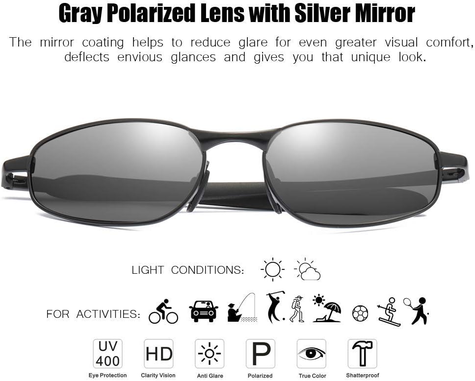 ZHILE Polarized Sunglasses Rectangular Wrap Metal Frame UV400 Protection Blue & Silver Mirrored Lens