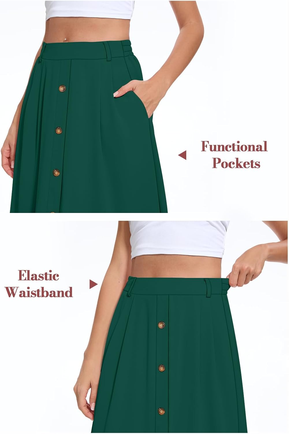 Yincro Women's Flowy Midi Skirt Summer Pleated High Waisted Casual Button Front Skirts with Pockets - Image 5