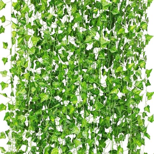 Oenothera 12 Stück Kunstpflanze Hängend Deko Vorhang Grün Kunst Efeu Fake Plants Room Decor für Küche Terrasse Schaukel Hochzeit Büro Party