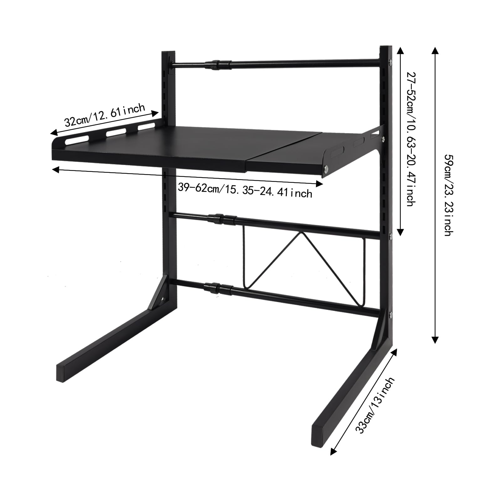 Étagère extensible pour micro-ondes avec 4 crochets, 2 niveaux, hauteur réglable de 27 à 52 cm, support pour micro-ondes, boulangerie, organisateur pour plans de travail de cuisine, noir
