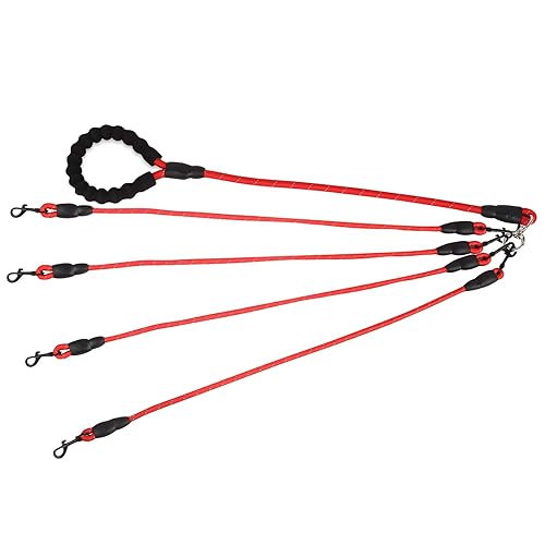 Greeney 4-Way Dog Leash, No-Tangle Multi-Dog Rope Leash, Nylon, Red - 4 Way - Red