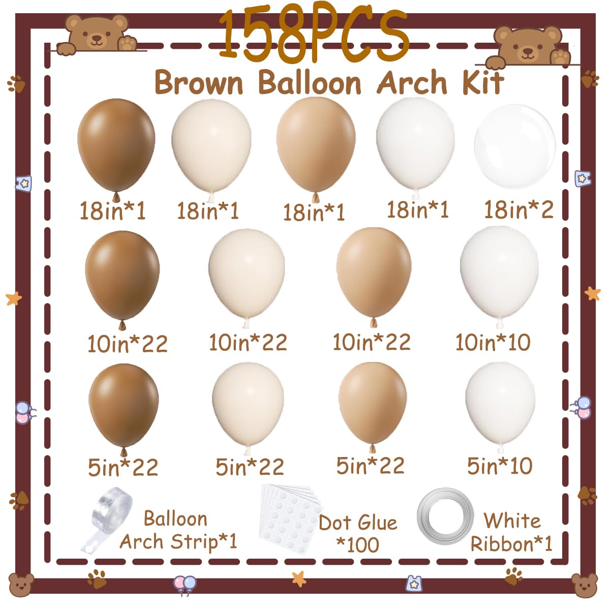 Kit de arco de globos de color marrón, kit de arco de guirnalda de globos de diferentes tamaños, marrón, beige, nude, bronceado, blanco, arena, globos para decoración de oso netural, baby shower