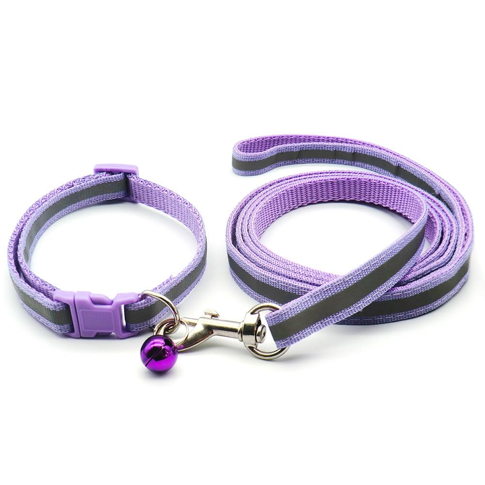 Small Dog Puppy Pet Collar and Lead Set Reflective Hi-Vis Strip Nylon Adjustable Size 19-32cm Collar with Bell and 120cm Leash Light Purple - Image 2