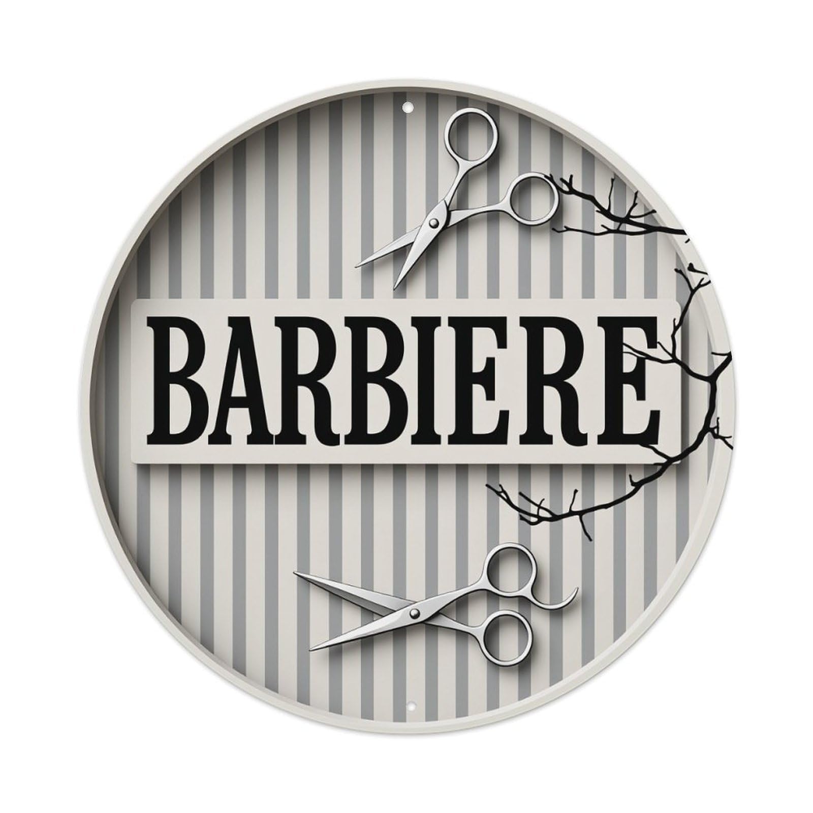 Striped Background Scissors Branch Text Round Tin Sign Retro Metal Sign for Cafe Bar Pub Home Game Room Gym Club Wall Decoration Vintage Metal Poster 8x8 Inch