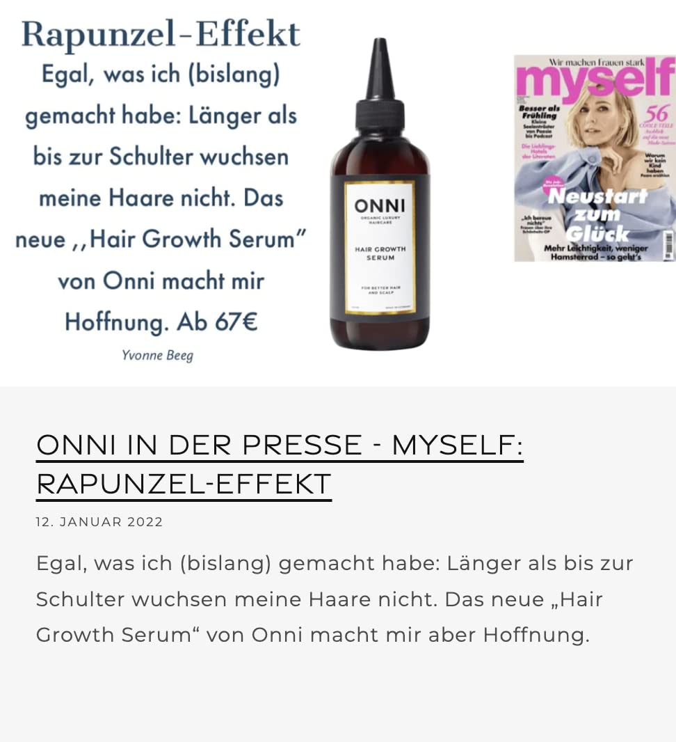 ONNI Serum do porostu włosów, organiczne serum do wzrostu włosów, 200 ml, bez silikonów, siarczanów, parabenów, do pielęgnacji włosów, przeciw swędzącej skórze głowy, wyprodukowano w Niemczech, znane