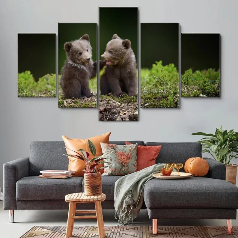 Peinture modulaire ours de 5 panneaux avec cadre pour habiller un grand mur vide