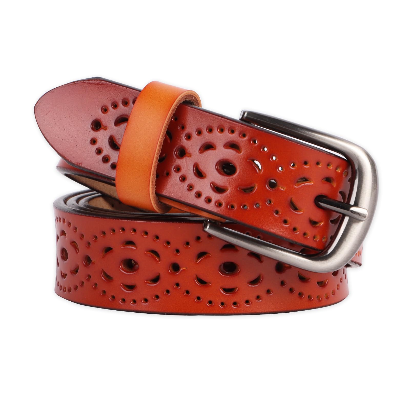 Jiusely Women's Camel Fashion Hollow Flower Design Waist Belt,Vintage Genuine Cowhide Leather Belt, Leather Belts, Retro Alloy Buckle Belt For Jeans Dresses (Camel)
