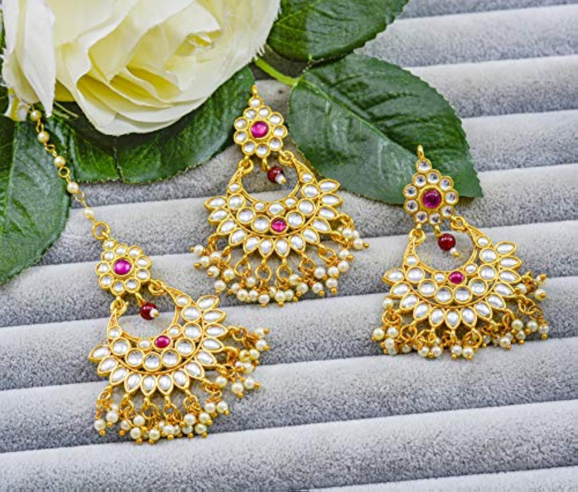 Desire Collection Brass Kundan Earring Tikka Combo Set, Traditional Elegance