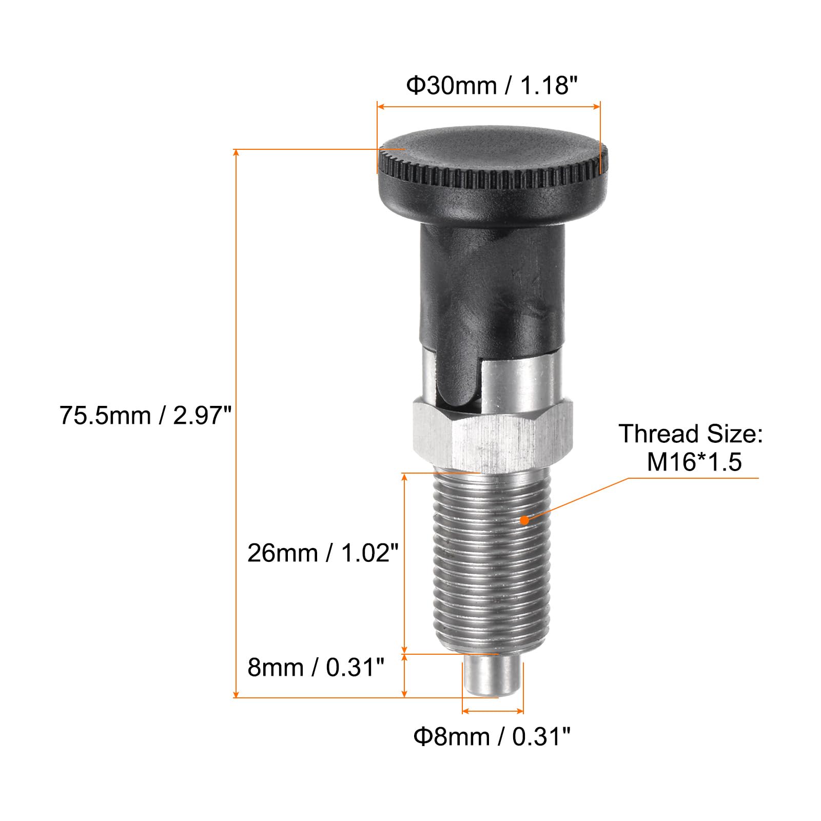 sourcing map 2 piezas de émbolo de resorte de nariz de bola M16 x 1.5 de longitud de rosca de 8 mm de diámetro del pasador de acero inoxidable con autobloqueo, émbolo retráctil para equipos