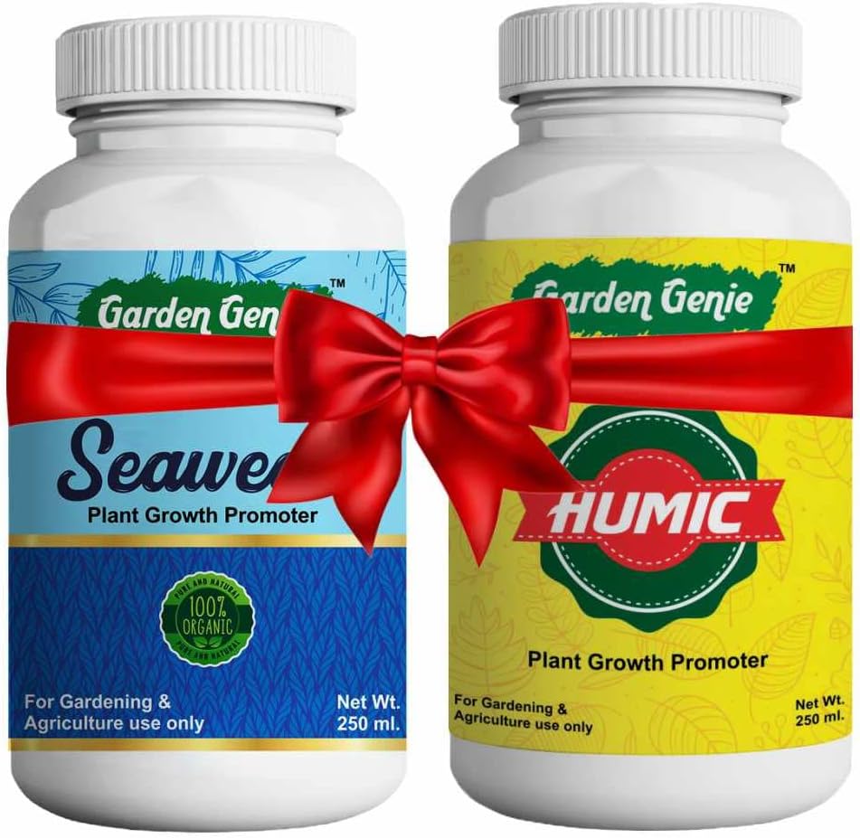 Garden Genie Plant Growth Booster Combo - Seaweed Extract Solution + Humic Acid 98 Bio Stimulant- Organic Liquid Fertilizer for Plants, Soil Conditioner & Root Enhancer - 250 ml Bottle Each