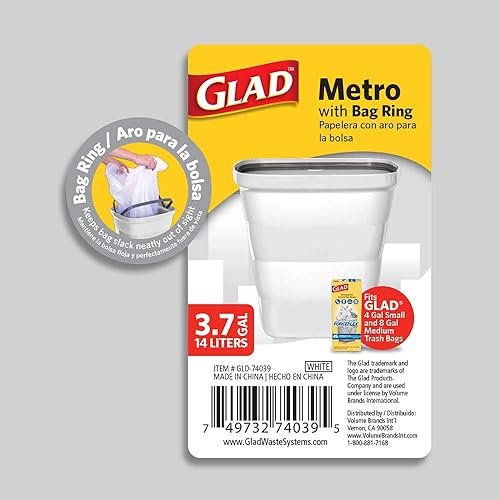 Miniatura 5 de Glad Metro - Cubo de basura de plástico, 14 L, rectangular con anillo para bolsa, color blanco